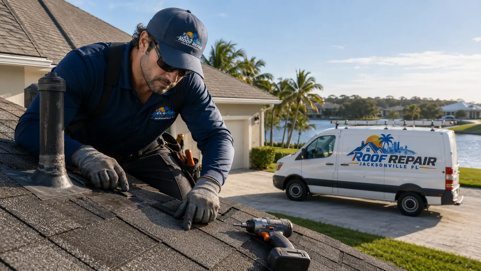 Roofer inspecting and sealing a pipe vent penetration on a shingle roof