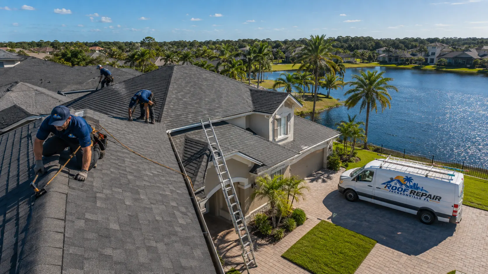 Roof repair professional working on a Jacksonville home with a branded service van in the driveway