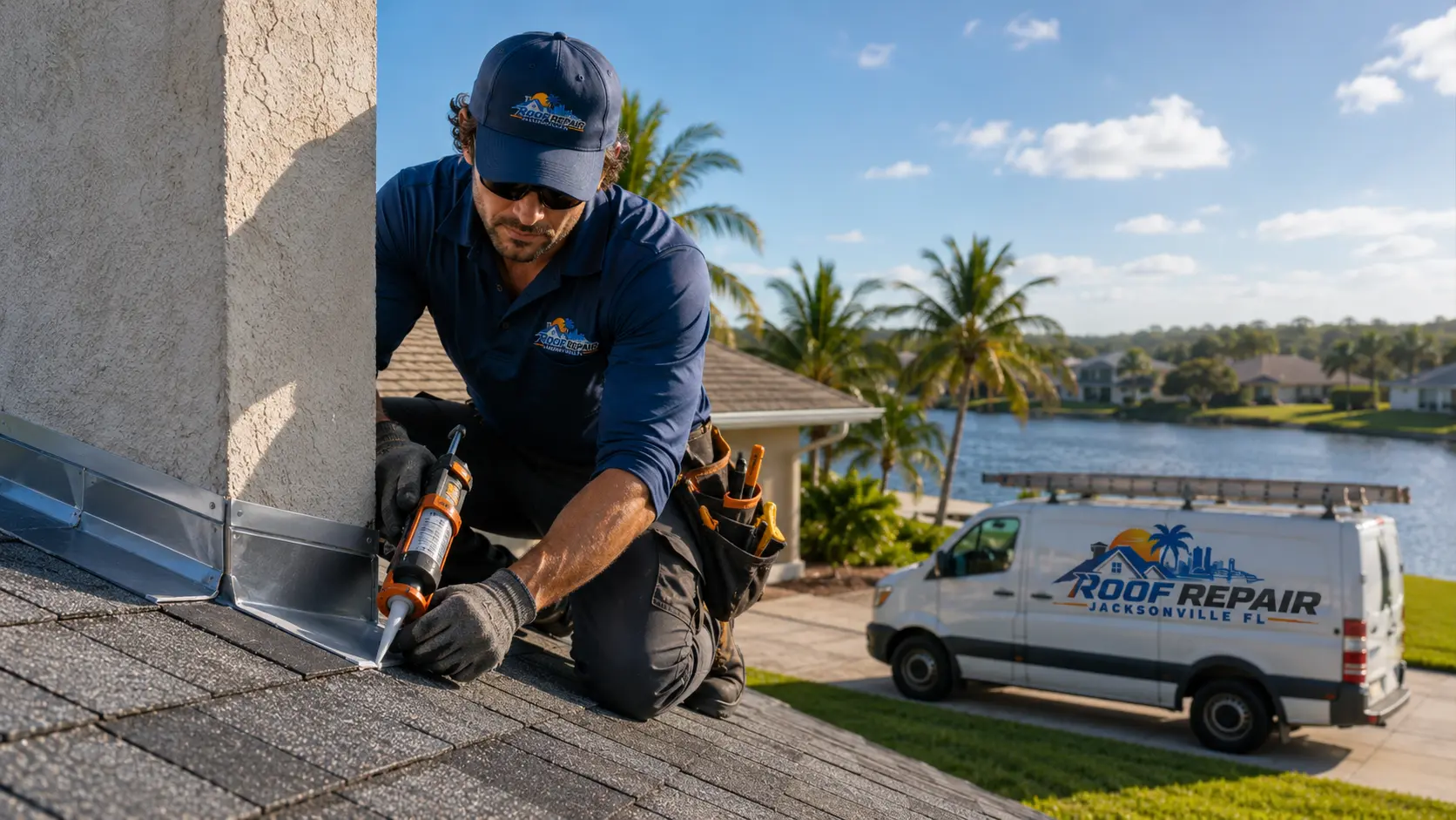 Roofer sealing metal flashing where a chimney meets a shingle roof