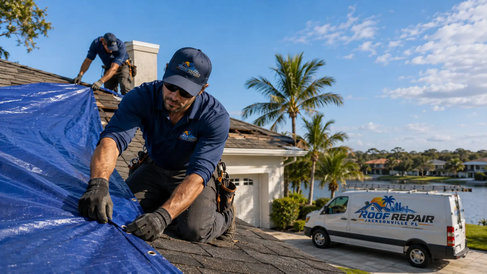 Roofers securing a protective tarp over storm-damaged shingles on a Florida home